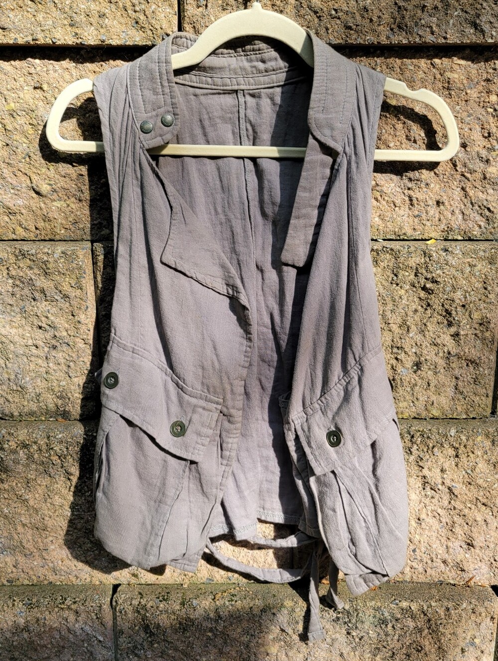 The Coolest GREY Drapey Cotton Gauze SLOUCH TIE Belt Pocketed Wrap Vest Sz S/M